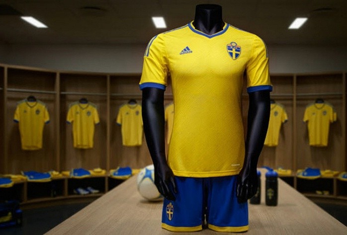 4. Bộ ĐT Thụy Điển sân nhà: Vẫn màu vàng và xanh quen thuộc nhưng sự pha trộn tông màu là rất sắc nét, tạo cảm giác chải chuốt cho người mặc. Để tạo cảm giác hoài cổ, Adidas đã thêm vào đường viền ở ống tay áo.
